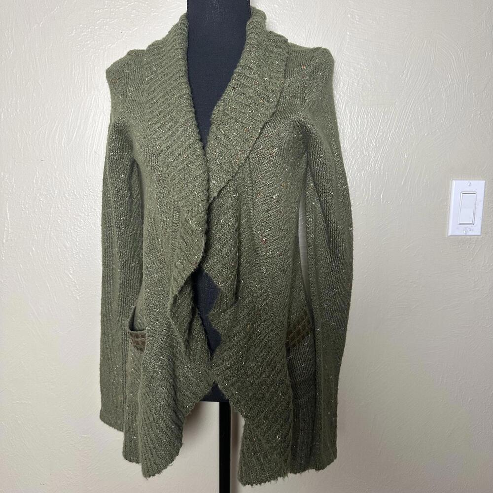 Boho Speckled Knit Waterfall Cardigan Draped Open-Front Olive Green Large